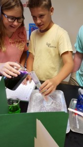 Laniney Hardy and Garrett Patrick work to create density columns in their physical properties lab.