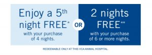 Bring this coupon to VCA Carrollton Animal Hospital *Purchase of 4 consecutive nights for same pet required. **Valid with purchase of 6 or more consecutive nights. Must be used during same stay. Offers valid for boarding only. Not valid with any other offer. Offer expires on 01/31/2017. Code: 57.9010.